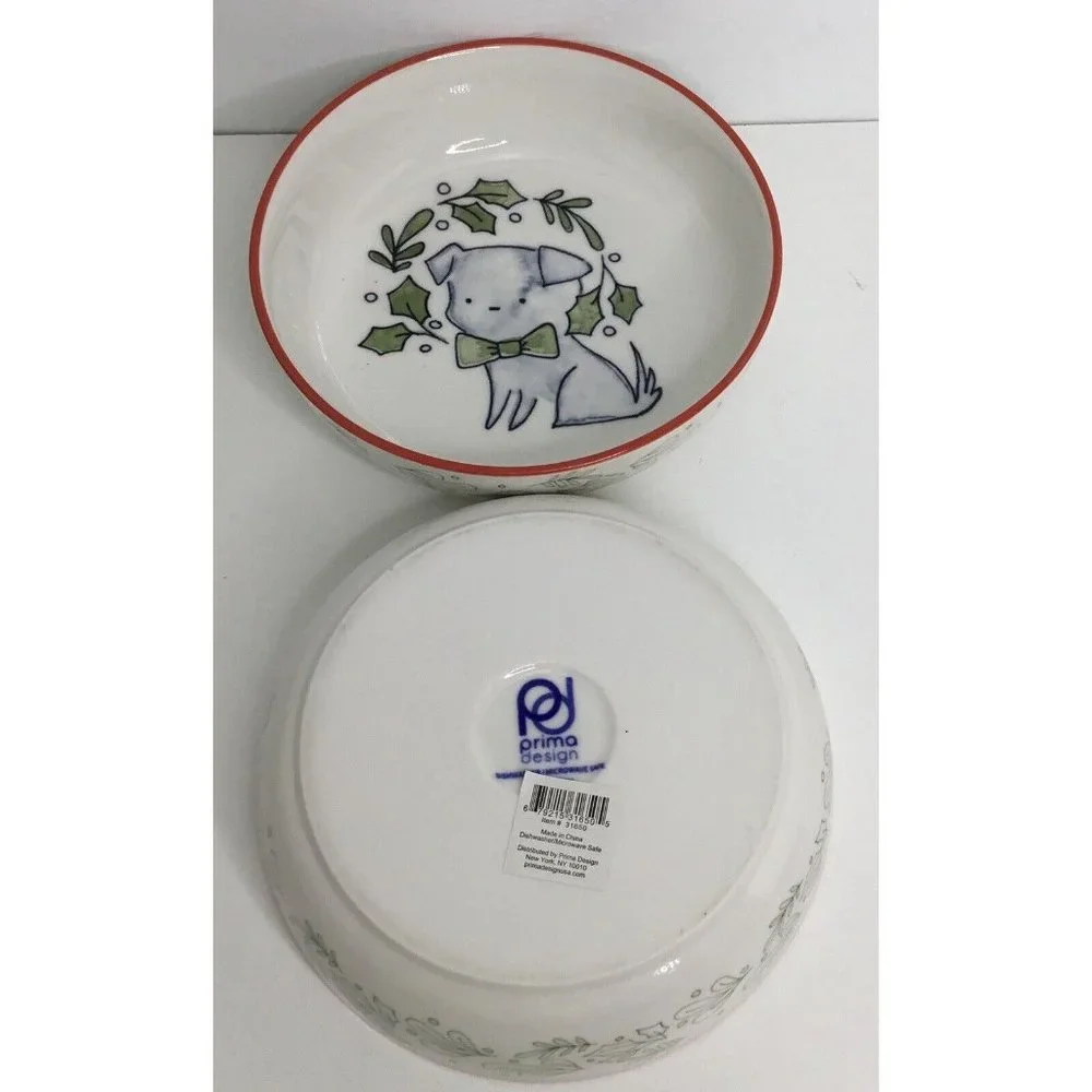 2 Dog Bowl Dish Ceramic Prima Design Christmas Dog  NEW